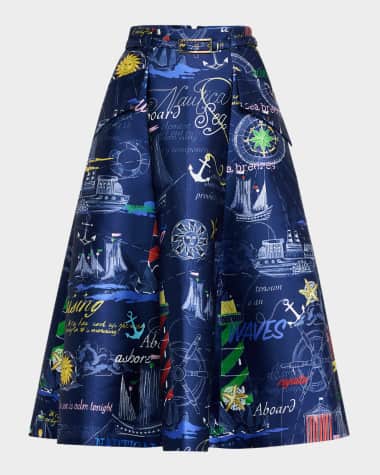 Maison Common Nautical-Print Mikado Midi Skirt With Belt