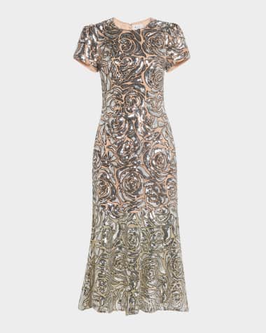 Milly Tahlia Sequin Rose Flounce Midi Dress