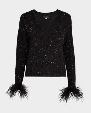 Milly Feather-Cuff Sequined Knit Sweater