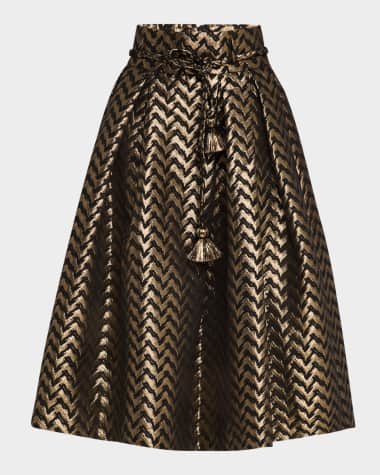 Dea Kudibal Albi Metallic Chevron Jacquard Pleated Midi Skirt With Belt