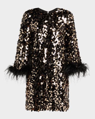 Trina Turk Juliet Feather-Cuff Sequin Mini Dress