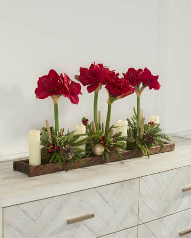 T&C Floral Company Amaryllis 37" Faux Floral Arrangement in Wood Tray with Candles