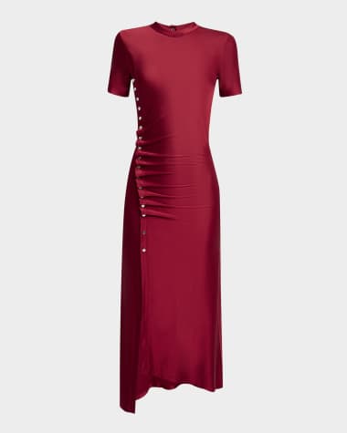 Rabanne Side Button Ruched Midi Dress