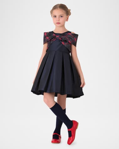 Mama Luma Girl's Pleated Dress W/ Plaid-Print Bow, Size 3T-12