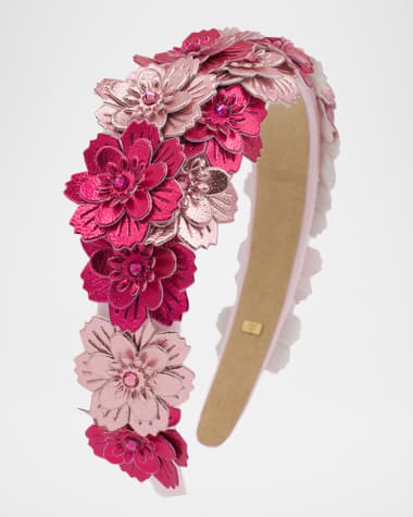 Bari Lynn Girl's Headband W/ Faux Leather Metallic Flowers