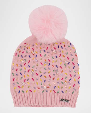 Bari Lynn Girl's Beanie with Charms & Faux Fur Pom Pom