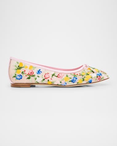 Manolo Blahnik Floral Mesh Bow Ballerina Flats