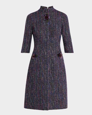 Rickie Freeman for Teri Jon Elbow-Sleeve Metallic Tweed Dress