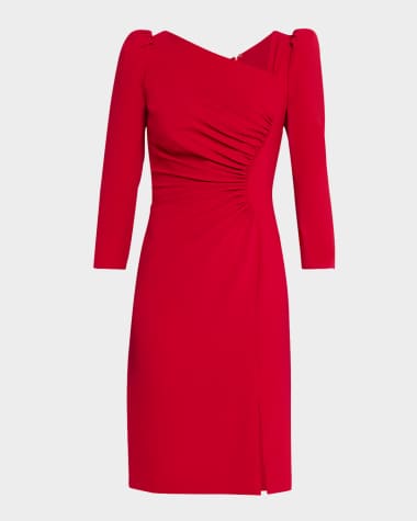 Rickie Freeman for Teri Jon Ruched Puff-Shoulder Asymmetric Dress