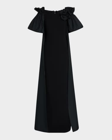 Rickie Freeman for Teri Jon Off-Shoulder Taffeta & Crepe Cape Gown