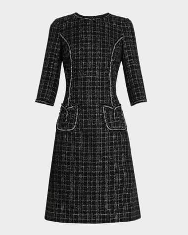 Rickie Freeman for Teri Jon Chain-Trim Metallic Plaid Boucle Dress