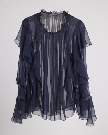 Alberta Ferretti Ruffle Long-Sleeve Silk Blouse