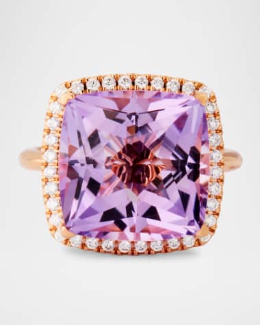 Lisa Nik Rocks 18K Rose Gold Cushion Cut Rose de France Quartz and Diamond Halo Cocktail Ring, Size 6