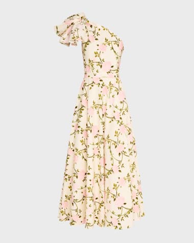 Giambattista Valli Floral-Print Bow One-Shoulder Midi Dress