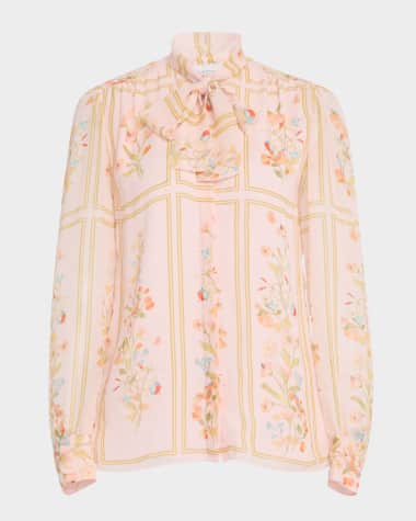 Giambattista Valli Floral-Print Neck-Tie Silk Blouse
