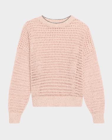 Brunello Cucinelli Linen Paillette Open Knit Crewneck Sweater
