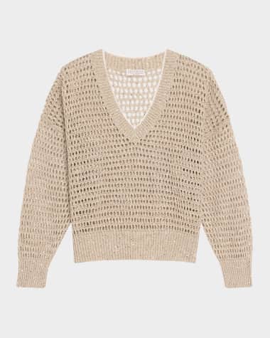 Brunello Cucinelli Paillette Open Knit V-Neck Sweater