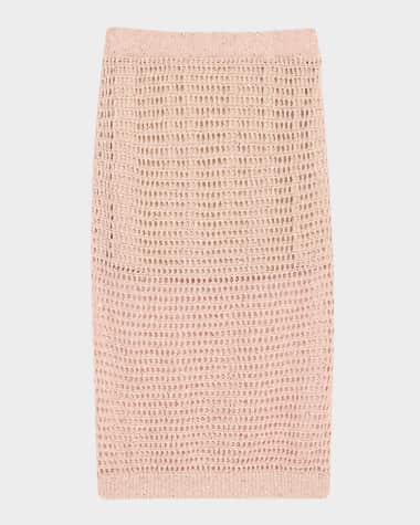 Brunello Cucinelli Linen Paillette Open-Knit Midi Skirt