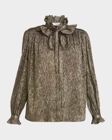 Chloe Metallic Silk Ruffle Neck-Tie Top