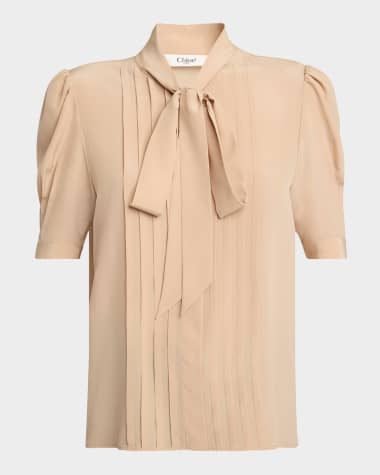 Chloe Neck-Tie Pleated Puff-Sleeve Silk Top