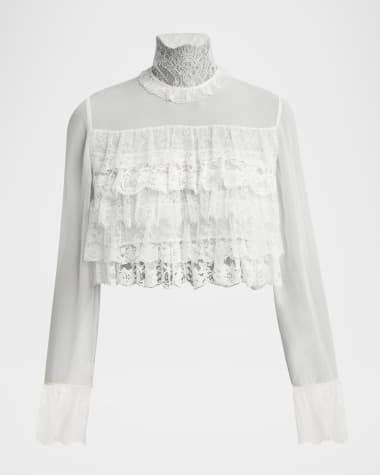 Chloe Lace Ruffle Long-Sleeve Silk Crop Top