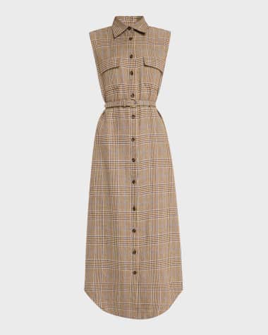 Brandon Maxwell Lilian Check Sleeveless Belted Midi Shirtdress