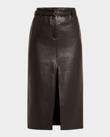 Co Leather Belted Front Split Midi Skirt