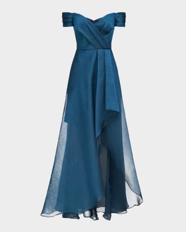 Theia Cecilia Pleated Off-Shoulder Jacquard Gown