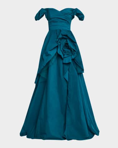 Marchesa Notte Off-Shoulder Ruffle Taffeta Gown