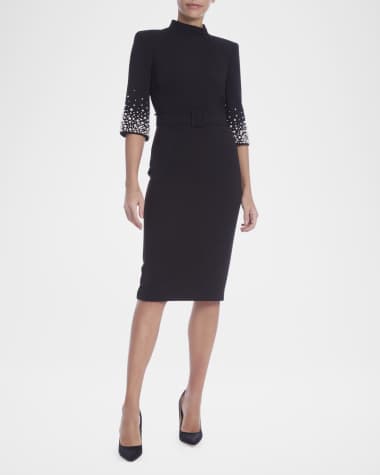 Badgley Mischka Collection Pearly-Trim Midi Sheath Dress