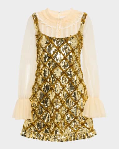 Valentino Garavani Sequined Layered Ruffle Long-Sleeve Mini Dress