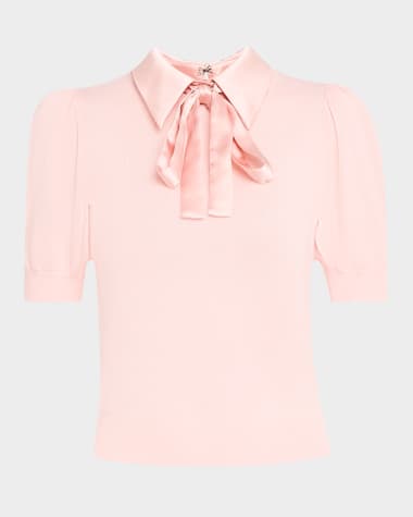 Alice + Olivia Chase Puff-Sleeve Sweater with Detachable Woven Collar