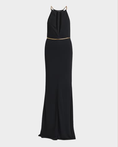 TOM FORD Chain Cutout Sable Jersey Halter Evening Dress
