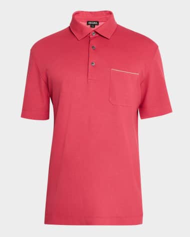ZEGNA Men's Pique Polo Shirt with Leather-Trim Pocket
