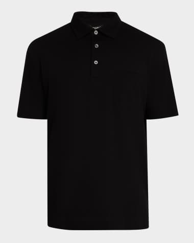 ZEGNA Men's Pique Polo Shirt with Leather-Trim Pocket