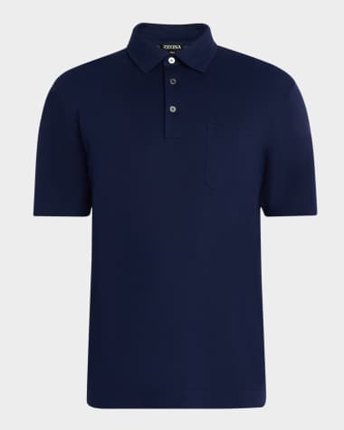 ZEGNA Men's Pique Polo Shirt with Leather-Trim Pocket