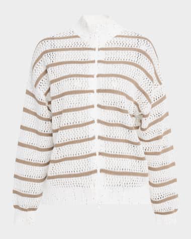 Brunello Cucinelli Linen French Riveria Paillette Knit Zip-Up Cardigan