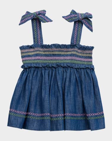 Zimmermann Girl's Tallow Shirred Denim Top, Size 2-10