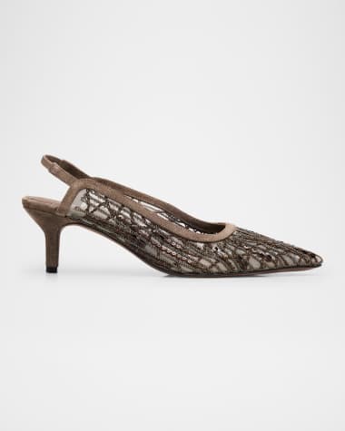 Brunello Cucinelli Monili Suede Kitten-Heel Slingback Pumps