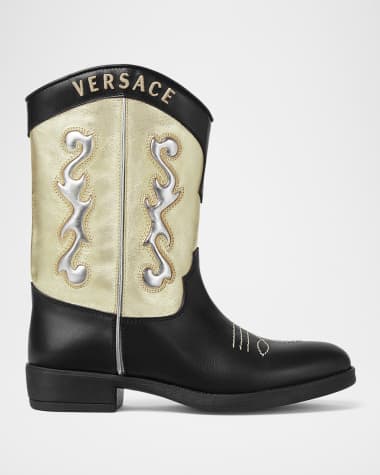 Versace Girl's Calf Leather Laminated Embroidered Boots, Kids