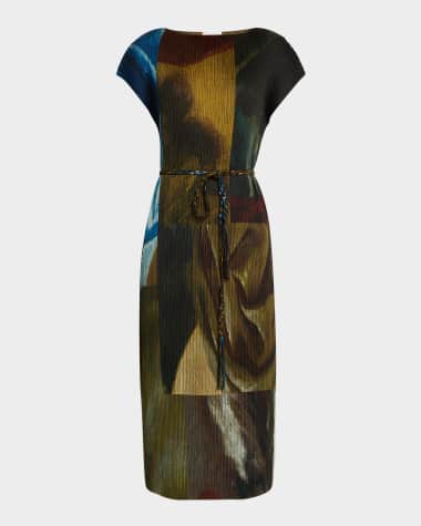 Lafayette 148 New York Pleated Abstract-Print Midi Dress