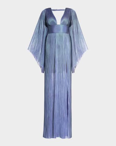 Maria Lucia Hohan Reo Harlow Long-Sleeve Open-Back Metallic Plisse Gown