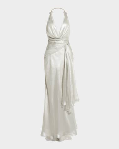 Maria Lucia Hohan Ilaria Metallic Draped Plunging-Halter Backless Gown