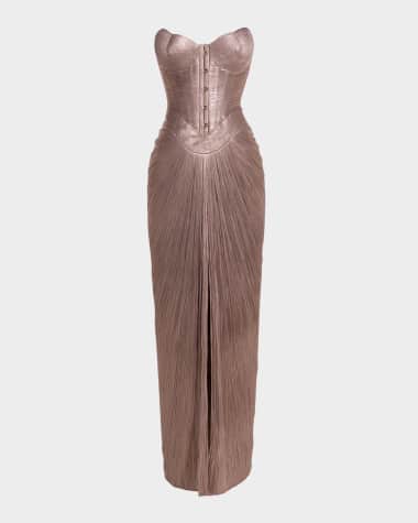 Maria Lucia Hohan Kiera Strapless Bustier Metallic Plisse Gown
