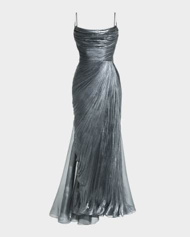 Maria Lucia Hohan Regina Cowl-Neck Metallic Plisse Ankle Gown