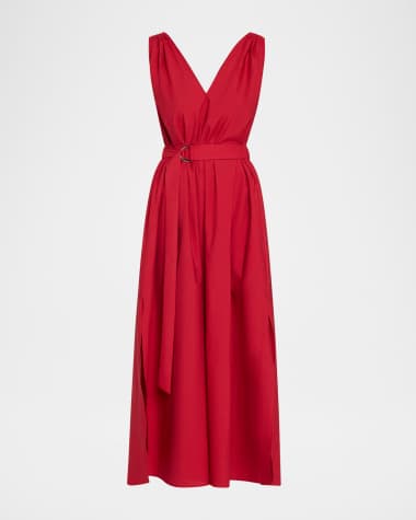 Brunello Cucinelli Monili-Shoulder Belted Crinkle Cotton Midi Dress