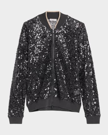 Brunello Cucinelli Paillette Net Knit Zip Bomber Cardigan