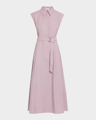 Brunello Cucinelli Cap-Sleeve Belted Crispy Cotton Midi Shirtdress