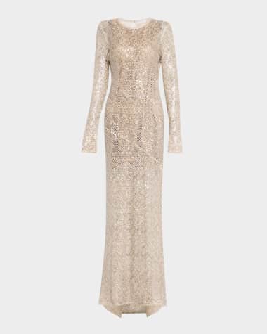 Brunello Cucinelli Paillette Net Knit Long-Sleeve Maxi Dress