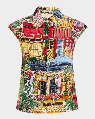 Alice + Olivia Vacation Dreams Martel Flutter-Sleeve Blouse